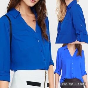 Express The Portofino Shirt Roll Tab Royal Blue Button Front Blouse Size S